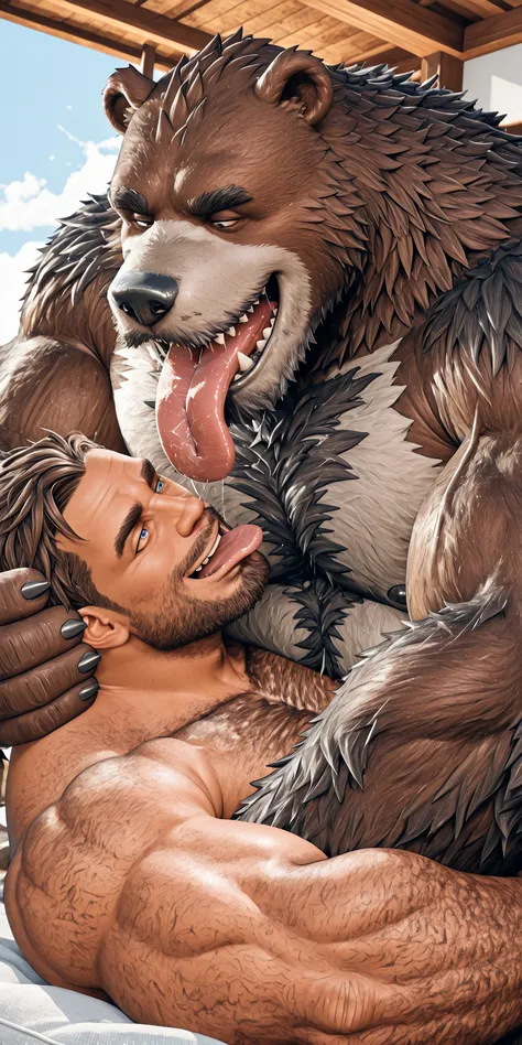 hairy beast bear, beast bear on top of a human man , has horns，chubby,  thick arms， strong muscles ，chubby face， Black eyebrows，sky blue eyes，beard， ironic smile ,       chest and belly  ，lie down， Sunlight , (beast bear sticks out his entire tongue wide a...