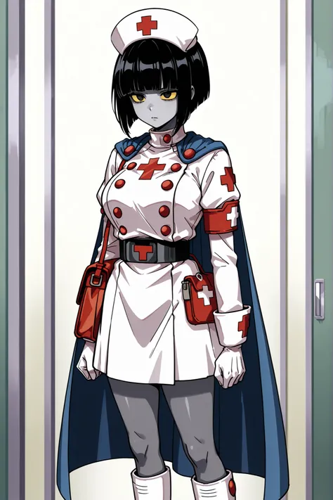 tau 1, 1girl, solo, grey skin, yellow sclera, black eyes, black Bob haircut with blunt bangs, large breast,White jacket with Red Cross buttons, White nurse dress, short dark blue cape, red tau print, red bag, black belt, White gloves, White boots, red ribb...