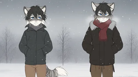 best quality, detailed, beautiful, edgarIskra, black hair, blue eyes, striped fur, grey fur, skinny, 1boy, solo, furry, winter, outside, hands in pockets, scarf, black jacket, brown pants, scowl, cold, shivering, closed mouth, snowing, snow