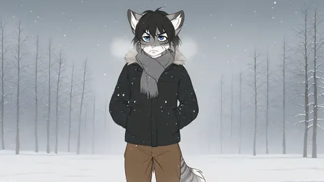 best quality, detailed, beautiful, edgarIskra, black hair, blue eyes, striped fur, grey fur, skinny, 1boy, solo, furry, winter, outside, hands in pockets, scarf, black jacket, brown pants, scowl, cold, shivering, closed mouth, snowing, snow