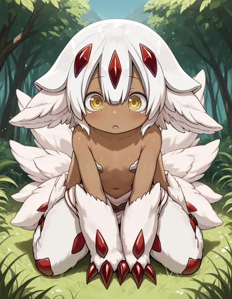brikotart,, (masterpiece, best quality, high quality, good quality), solo, 1girl, faputa,, faputa (made in abyss), flat chest tuft of fur, kemonomimi, white fur, dark skin, four arms, red claws, yellow eyes, outdoors, safe,