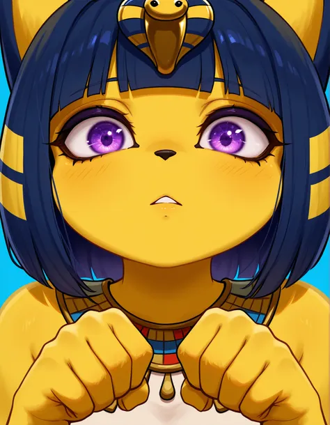 brikotart,, depth of field, 1girl, furry, ankha \(animal crossing\), expressionless, eye reflection, yellow background, yellow theme, blue background, desert,, purple eyes, glowing eyes, wide-eyed, paw pose, looking at viewer, close-up, parted lips,