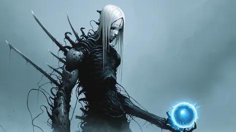 capa negra, white hair, forehead tattoo ,murderer, cyborg,fog,Shady,mysterious,terrific,horror,raw,plasma cannon on his right arm,blue energy sphere,blades in his left hand