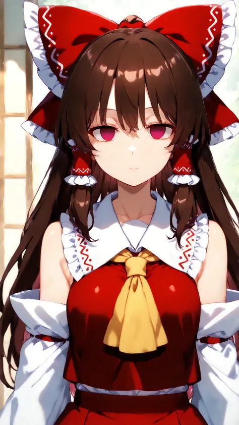 ,empty eyes,,hakurei reimu (touhou).pink eyes.Not posing.Physical darkness around the eyes.Don't darken your eyes.Brighten eyes.Physically brighten your face.expressionless.Facing straight ahead
