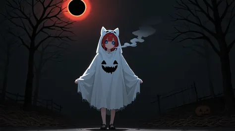 kawaii style,1girl,full body,blue eye and red eye,halloween ghost costume,horror,smoke, rotten tree, solar eclipse, halloweencoser,growing eyes