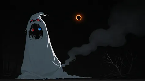 kawaii style,1girl,full body,blue eye and red eye,halloween ghost costume,horror,smoke, rotten tree, solar eclipse, halloweencoser,growing eyes
