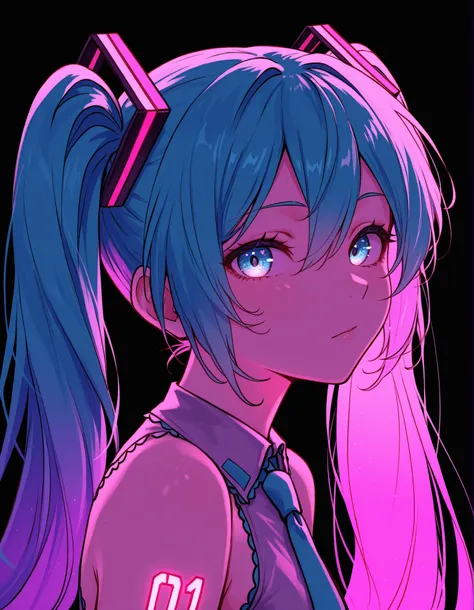 brikotart,, Hatsune Miku, limited palette, black background, colorful, vibrant, glowing outline, neon, blacklight, looking at viewer, masterpiece, very aesthetic