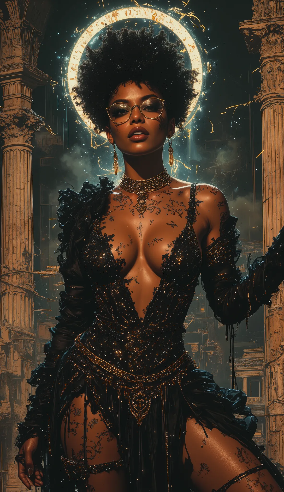 In the style of Neon glitch mosaic surrealism, we see a photo-realistic bizarre portrait of a beautiful, and Charismatic caucasian half black lady of mixed heritage bearing a large gap toothed infectious smile between dimpled cheeks, graceful yet an outca...