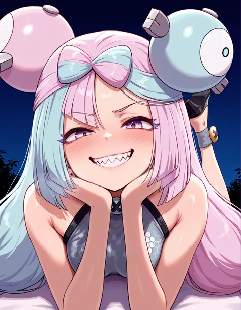 brikotart,, masterpiece, best quality, amazing quality, very aesthetic, high resolution, ultra-detailed, absurdres,  iono \(pokemon\), mesugaki, evil smile, sharp teeth, the pose, leg up, outdoors, looking at viewer, 