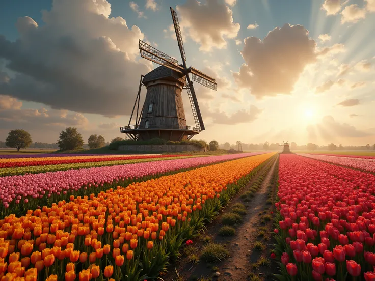 A majestic, extensive tulip field with millions of bright flowers in rainbow colors, dominated by an imposing traditional windmill in the center. The wooden structure with its powerful wings rises against a dramatic sky with golden sunrays, which break thr...