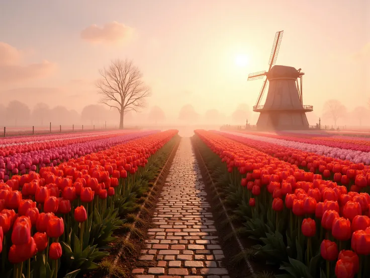 A panoramic tulip field at sunrise, a sea of precisely arranged rows of flowers in bright red, Gelb, Pink und Violett. The focus is on an authentic Dutch windmill with weathered wood and rotating sails. The morning fog is gently over the countryside, while...