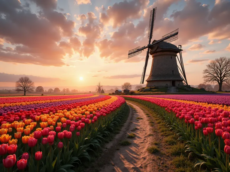 A mesmerizing tulip field at golden dusk, endless rows of flowers sorted by colors extend to the horizon. The central windmill, a century-old building with moss-covered stone foundations and weathered wooden wings, casts a long shadow over the flowers. Dra...