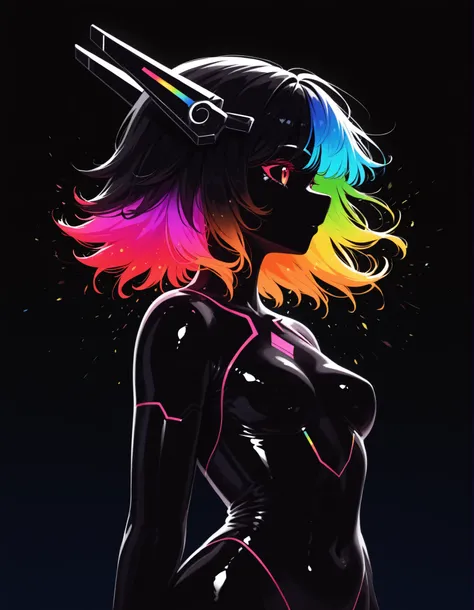 27Lsd Artstyle,, furry girl, anthro, facing sideways, elegant pose, silhouette body, (glossy black fur), (neon outlines), (flat lighting), exploding fractals, liquid neon paint, splash effect, rainbow iridescent hair, gradient glow, (triadic colors), (spot...