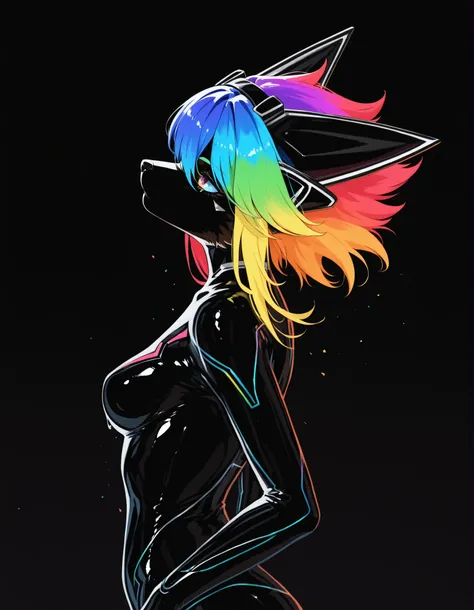 27Lsd Artstyle,, furry girl, anthro, facing sideways, elegant pose, silhouette body, (glossy black fur), (neon outlines), (flat lighting), exploding fractals, liquid neon paint, splash effect, rainbow iridescent hair, gradient glow, (triadic colors), (spot...