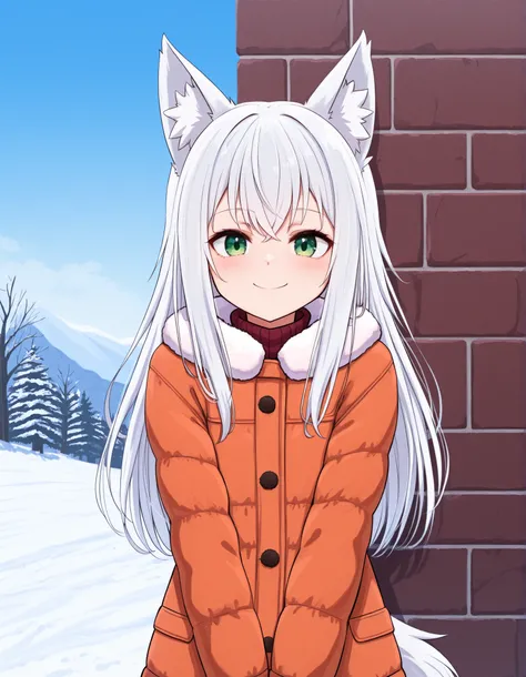 27Lsd Artstyle,, anime, solo, BREAK, young fox girl, skinny and frail, (petite,cute:0.5), green eyes, looking at viewer, long hair, white hair, smile, winter clothes, outdoors, winte