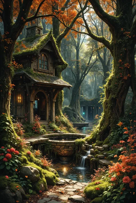In the heart of the dark old garden, where ancient, moss-covered apple trees stand like silent sentinels in dense thickets of ivy and birch bark, a magical well is hidden, shimmering among lush plants and flowers. In the background, there is a beautiful au...
