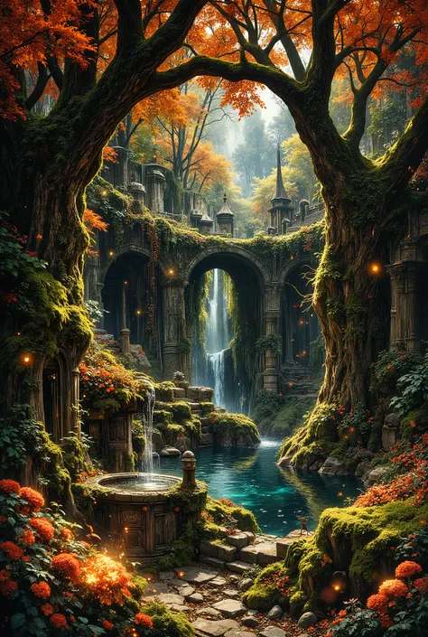 In the heart of a dark, fantastic garden, where ancient, moss-covered apple trees stand like silent sentinels in dense thickets of ivy and birch bark, a magical well is hidden, shimmering among lush plants and flowers. In the background, there is a beautif...
