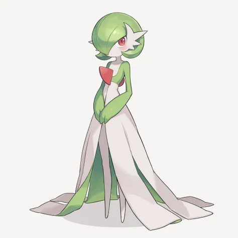masterpiece, ultra-HD, impressionism, high detail, best quality, very aesthetic, 8K, best quality, beautiful, ultra-high resolution, 32K UHD, sharp focus, 1woman, solo, Gardevoir, pokemon (creature), green hair, short hair, red eyes, white skin, white dres...
