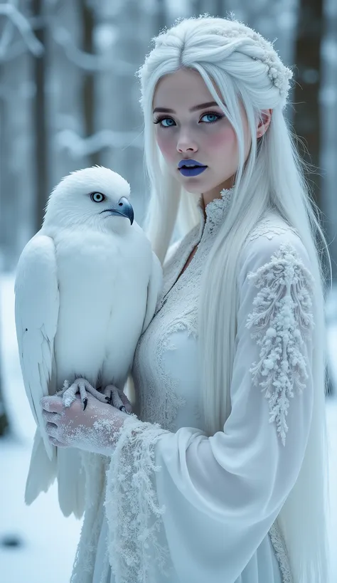 A high-class, the best, European-looking, snow-white woman, in a snow-white traditional costume of the Snow Maiden, among the forest and snow, frost, frost on the rice barns, blue lipstick on her lips, blue pupils, long straight hair, frost on the rice bar...