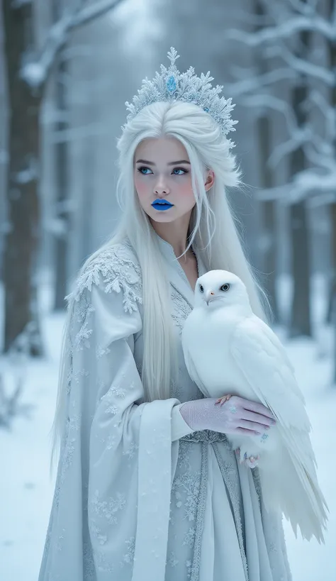 A high-class, the best, European-looking, snow-white woman, in a snow-white traditional costume of the Snow Maiden, among the forest and snow, frost, frost on the rice barns, blue lipstick on her lips, blue pupils, long straight hair, frost on the rice bar...