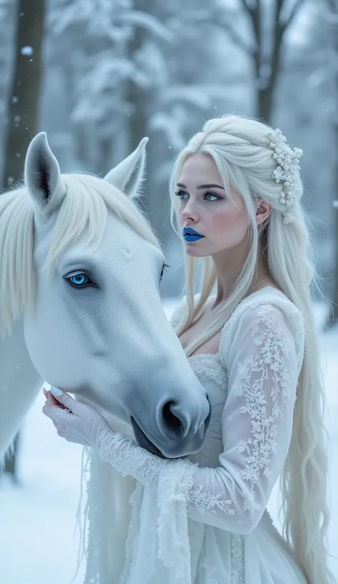 A high-class, sophisticated, European-looking, snow-white woman in a snow-white traditional Snow Maiden costume, among the forest and snow, with frost on the rice barns, blue lipstick on her lips, blue pupils, long straight hair, frost on her eyes, strokes...