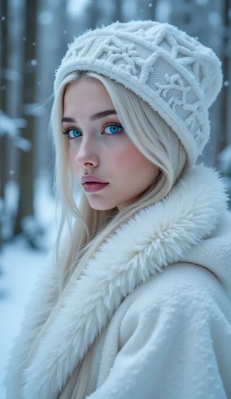 Top class. sophisticated. high quality. very detailed.  with a European appearance, a snow-white woman in a snow-white traditional snow maiden costume, among the forest and snow, with frost on her lips, blue lipstick on her lips, blue pupils, long straight...