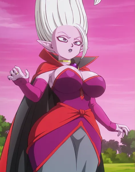 highres, hi res, best quality, masterpiece, 4k, anime coloring, anime screencap, dbdaima, 1girl, solo, dr arinsu, long hair, white hair, purple eyes, makeup, lipstick, detailed face, pointy ears, pink skin, colored skin, gold choker, collared cape, red cap...