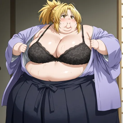 nobuna oda, blonde hair, medium breasts, yellow eyes, hair intakes, parted bangs,, cleavage, underwear, japanese clothes, open clothes, kimono, bra, lingerie, black bra, open kimono, hakama, black hakama, ponytail, ,  fat, chubby, obese, gigantic arms and ...