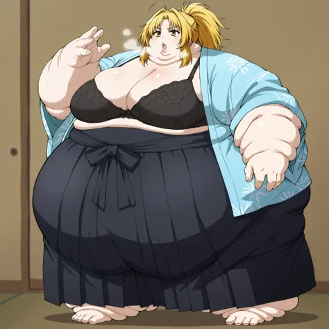 nobuna oda, blonde hair, medium breasts, yellow eyes, hair intakes, ahoge, parted bangs,
cleavage, underwear, japanese clothes, open clothes, kimono, bra, lingerie, black bra, open kimono, hakama, black hakama, ponytail, breasts, fat, chubby, obese, fat ne...