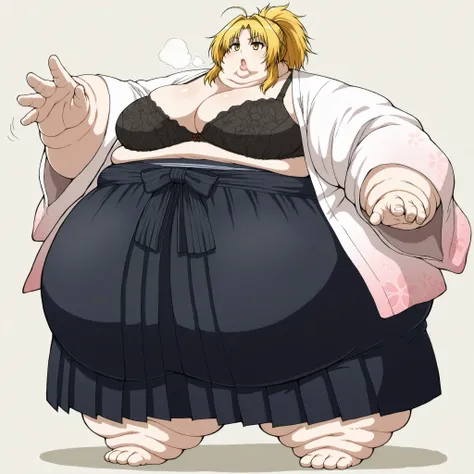 nobuna oda, blonde hair, medium breasts, yellow eyes, hair intakes, ahoge, parted bangs,
cleavage, underwear, japanese clothes, open clothes, kimono, bra, lingerie, black bra, open kimono, hakama, black hakama, ponytail, breasts, fat, chubby, obese, fat ne...
