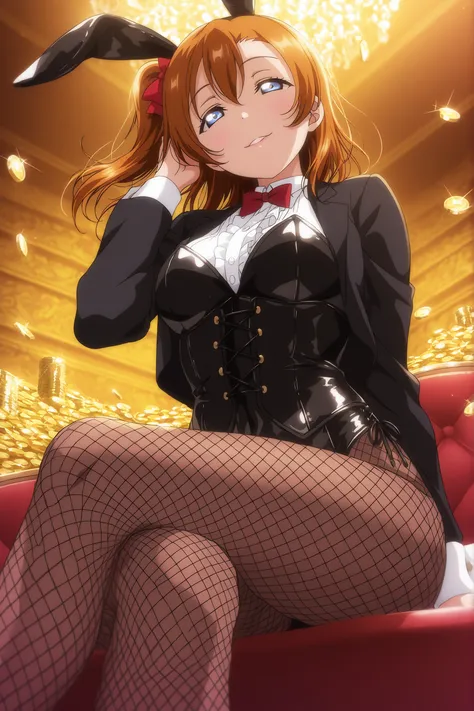 masterpiece, highres, official art, anime art, bright colors, vibrant colors, love live!, Kousaka Honoka, 1girl, solo, bunny girl outfit, elegant black blazer, white frilly shirt, red bow tie, tight black jacket, corset style, glossy black leotard, brown f...