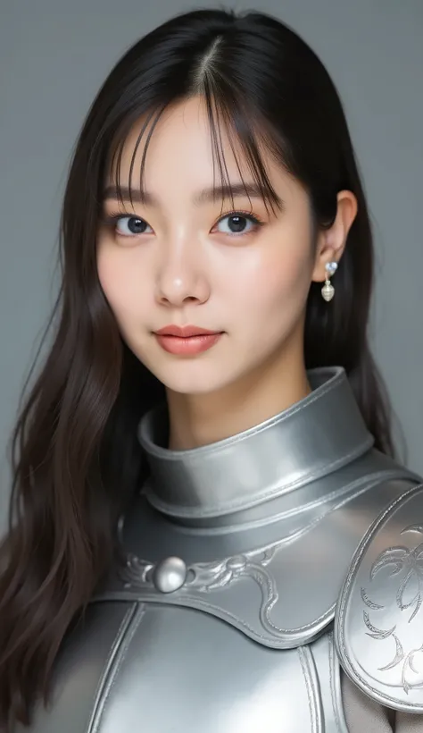 neat young woman wearing luxurious silver armor、、female knight、、、ear piercings、looking at camera、looking directly in front、前髪あり、無表情、口を閉じている、、face close-up、grey background、