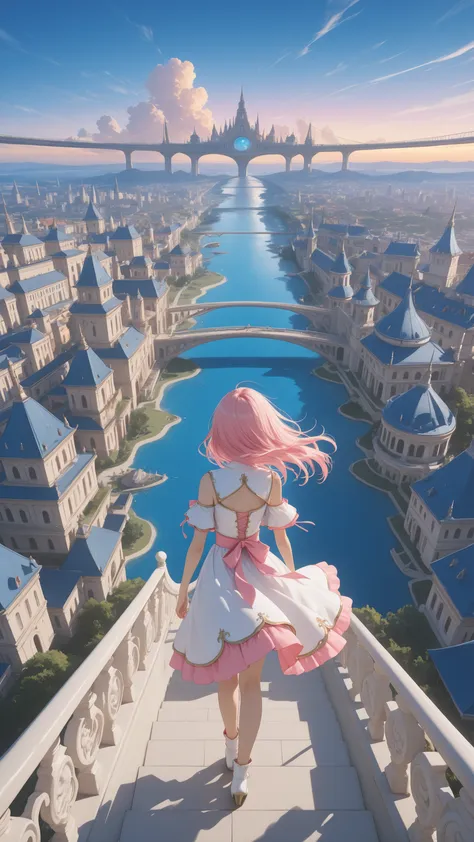 (anime style, Floating Garden Island, Floating Palace on the Sky Bridge, Hair Fluttering in the Wind, Girl walking towards the, breathtaking sky, Brilliant Fantasy Color, high detail),cute outfits
