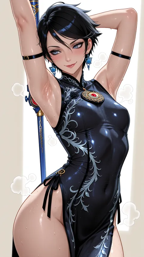 masterpiece, top quality, lively, very aesthetic , high contrast, semi-realistic, Newest,Very Beautiful Woman , 1 person,Bayonetta, Armpit armrest , sweaty armpits, fusion transformed from a long stretched body, face close-up, short hair, Steam, simpl...