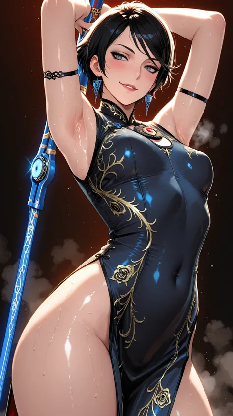masterpiece, top quality, lively, very aesthetic , high contrast, semi-realistic, Newest,Very Beautiful Woman , 1 person,Bayonetta, Armpit armrest , sweaty armpits, fusion transformed from a long stretched body, face close-up, short hair, Steam, simpl...