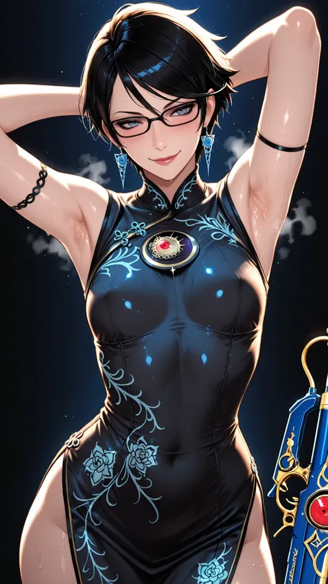 masterpiece, top quality, lively, very aesthetic , high contrast, semi-realistic, Newest,Very Beautiful Woman , 1 person,Bayonetta, Armpit armrest , sweaty armpits, fusion transformed from a long stretched body, face close-up, short hair, Steam, simpl...