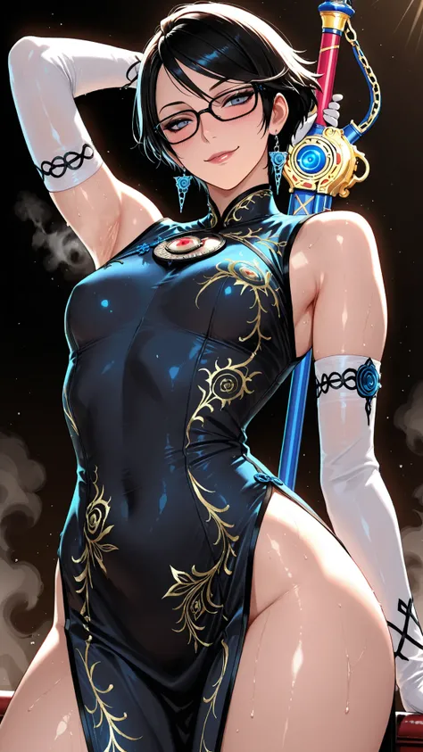 masterpiece, top quality, lively, very aesthetic , high contrast, semi-realistic, Newest,Very Beautiful Woman , 1 person,Bayonetta, Armpit armrest , sweaty armpits, fusion transformed from a long stretched body, face close-up, short hair, Steam, simpl...