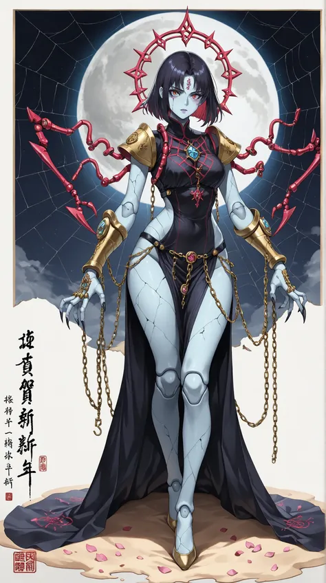 ( masterpiece, top quality:1.2), 1 girl, Alone, JOJO 风格的zombie girl在月下战斗的姿势广角镜头，decays and shows curves of hips，translucent amulet"Royal Life: phantom"Wrapping a jade leg，mechanical spine exposes purple-red neon，Cherry blossom petals ooze out of cracks in ...