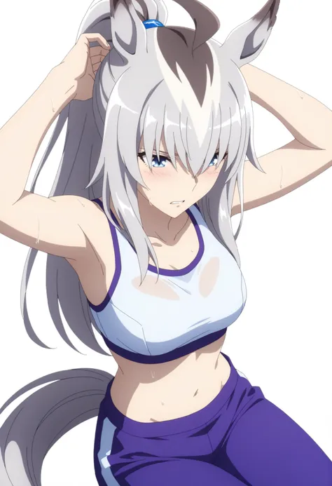 Oguri,,Uma Musume, cowboy shot, traditional media, embarrassed, arms up,(from above, dutch angle),grimace,
high quality , Highest Quality , masterpiece, high resolution , detailed face( Lola: Oguri),anatomically accurate, detailed hair(Lola: Oguri) ,Deta...