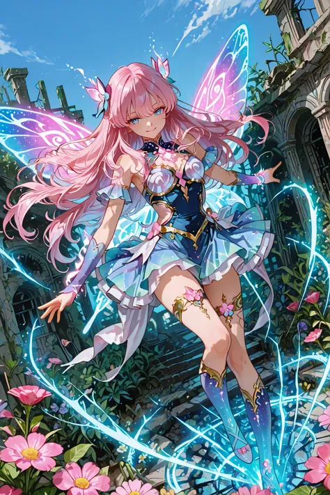 748cmstyle, full figure, (perfect fine beautiful hands), Spiral blue energy, very fine trait, anime, Young fairy wear minimal glowing clothes, fairy rainmbow 🌈✨ wings, uses her powers to make a wonderful garden bloom even in a remote and desolate land wit...