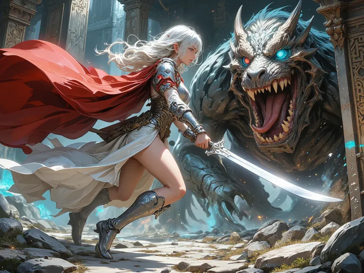 Masterpiece, ultra-detailed cinematic photoreal 8k, breathtakingly beautiful Dragon Quest female warrior in the midst of fierce battle against a vicious Mimic in ancient dungeon, live-action style.
She has flawless porcelain skin glistening with light swe...