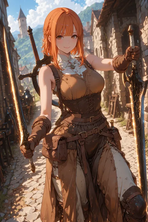 masterpiece, best quality, 8k, 1girl, (blacksmith girl:1.3), ultra short hairstyle, orange hair, brown eyes, looking at viewer, smile, (apron), sleeveless brown tunic, wide pants, long boots, hip bag, curvy body, medium breasts, standing, bowlegged pose, (...