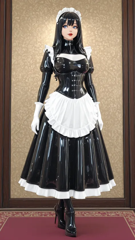 maniajuns, black latex skin, black lenses, black hair,blue eyes,red lips, happy, girl in closed shiny black catsuit,NeckCorset, HW_Corset, standing, latex, maid, gothic, frilly, ruffles, purple latex long skirt, Wide Skirt, purple latex long puffed sleeves...