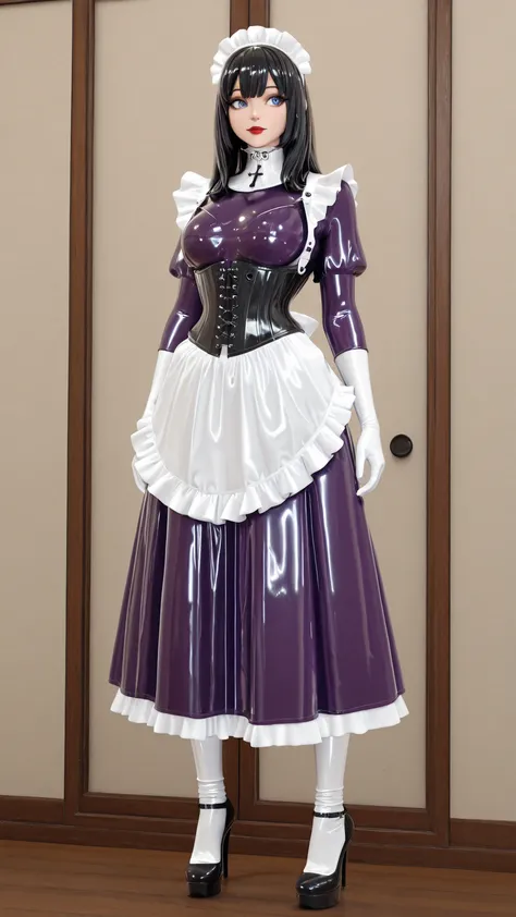 maniajuns, black latex skin, black lenses, black hair,blue eyes,red lips, happy, girl in closed shiny black catsuit,NeckCorset, HW_Corset, standing, purple latex maid, gothic, frilly, ruffles, purple latex long skirt, Wide Skirt, purple latex long puffed b...