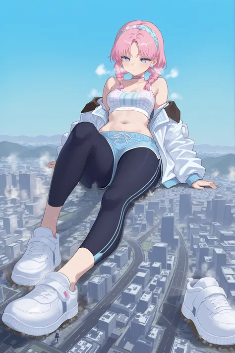 missionary, blue_poison_\(shoal_beat\), blue eyes, pink hair, twin braids, hairband, earrings, pink choker, bare shoulders, sports bra, midriff, white jacket, open jacket, blue shorts, black leggings, sneakers, sweat, (giantess:1.4), microcity, Scattered C...