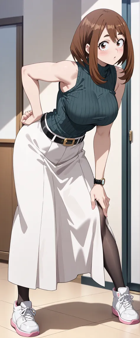 1girl, uraraka, anime coloring, mature female, (aged up:1.5), brown hair, long bangs, hair between eyes, brown eyes, small eyes, thick eyebrows, blush, large breasts,
wristwatch, black ribbed sweater, black turtleneck sweater, sleeveless, black belt, taut...