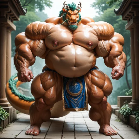 eastern dragon,a humanoid dragon mix of Chinese and European dragon, hefty daddy body,colossal,hulking, huge muscles, plump body muscles, colossal body, five-digit hands and feet,hefty, hyper thick heavy shape, stout musclegut, thick waist, big daddy belly...