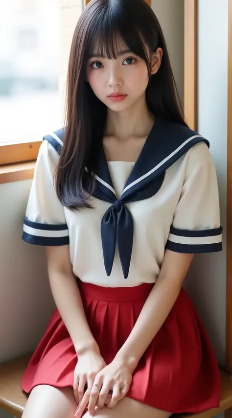 Japanese cute idol, Japanese cute girl, cute, In the school teacher's room 、 beautiful girl in school teacher's room sailor suit , 1 girl is the best , alone, school uniform , Sera Clothing, red skirt , black hair, long hair, w...