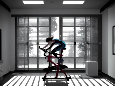 studio cycling fitness, early morning light, a person training on an indoor cycling bike, dynamic pose, sweat shining, cool studio lighting with blue and white tones, motivational atmosphere, cinematic wide-angle shot, subtle motion blur on pedals, high co...