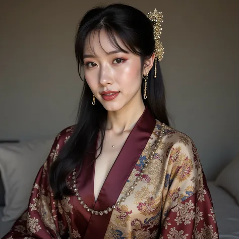 An artistic closeup of a Korean star in a modern interpretation of traditional wear - a silk wrap top with contemporary cut lines and traditional patterns. Dramatic butterfly sleeves reveal glimpses of shoulders while maintaining elegance. Her hair is styl...